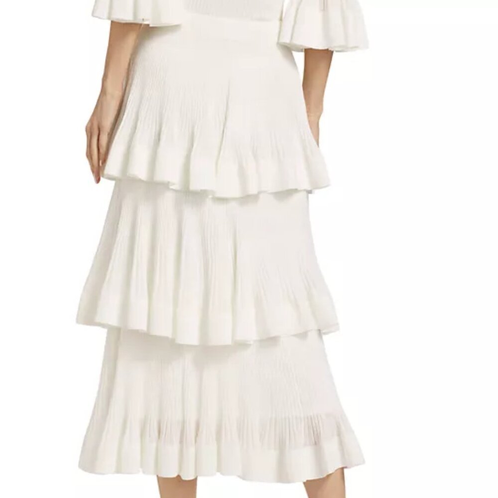 Zimmermann Cotton-Blend Rib-Knit Tiered Midi-Skirt Cream Size 2 (6-8) - Picture 6 of 14